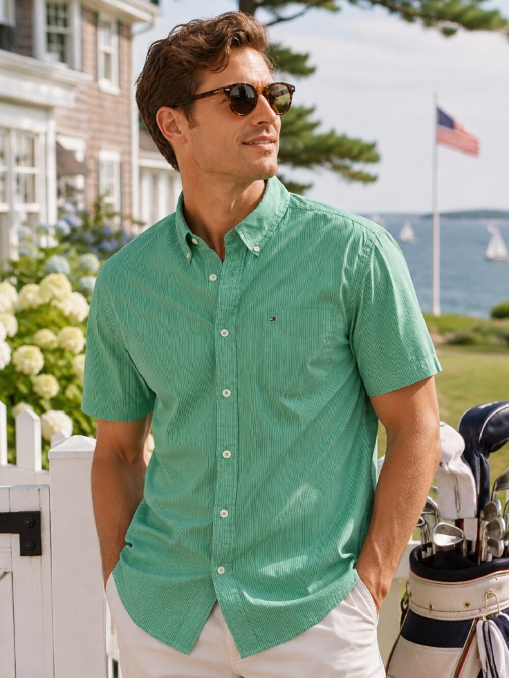 Tommy Hilfiger Men Short Sleeve Button-Up Shirt L Green Stripe Country Club Golf